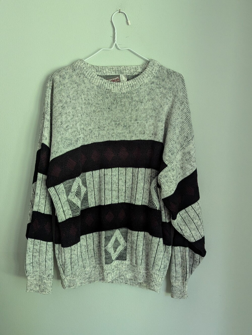 Vintage 80s Men's Medium Gray Black Striped Sweater With Diamond Pattern Accents